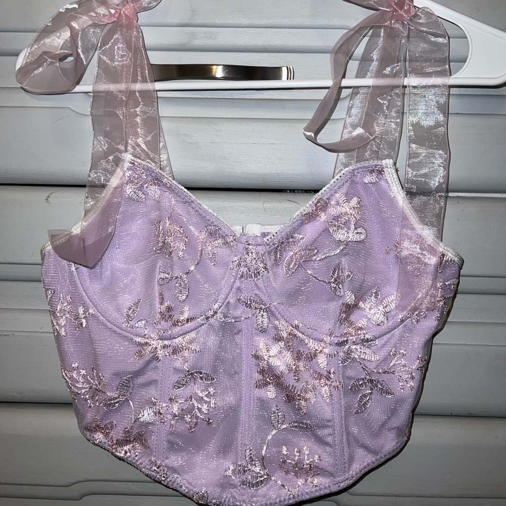 Lilac embroidered corset top with knot shoulders